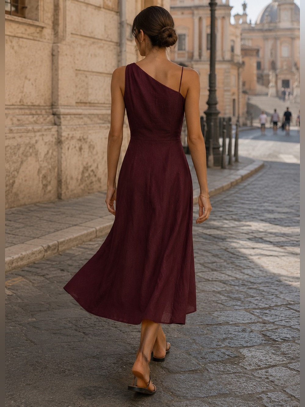 Zara Linen Asymmetric Midi Dress Burgundy Gold Detail Size S NWT - Picture 3 of 7